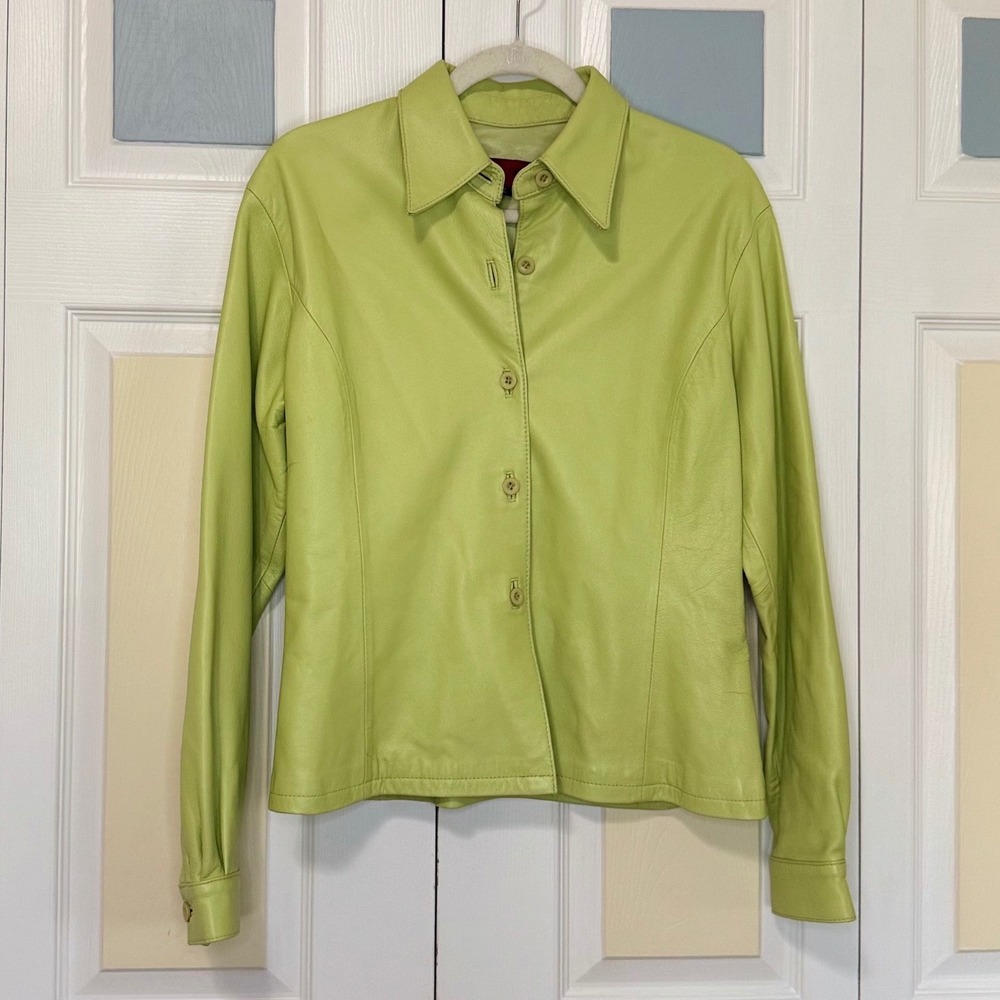 Nicola Berti Womens Lime Green Italian Leather Button Up Shirt Jacket Size L